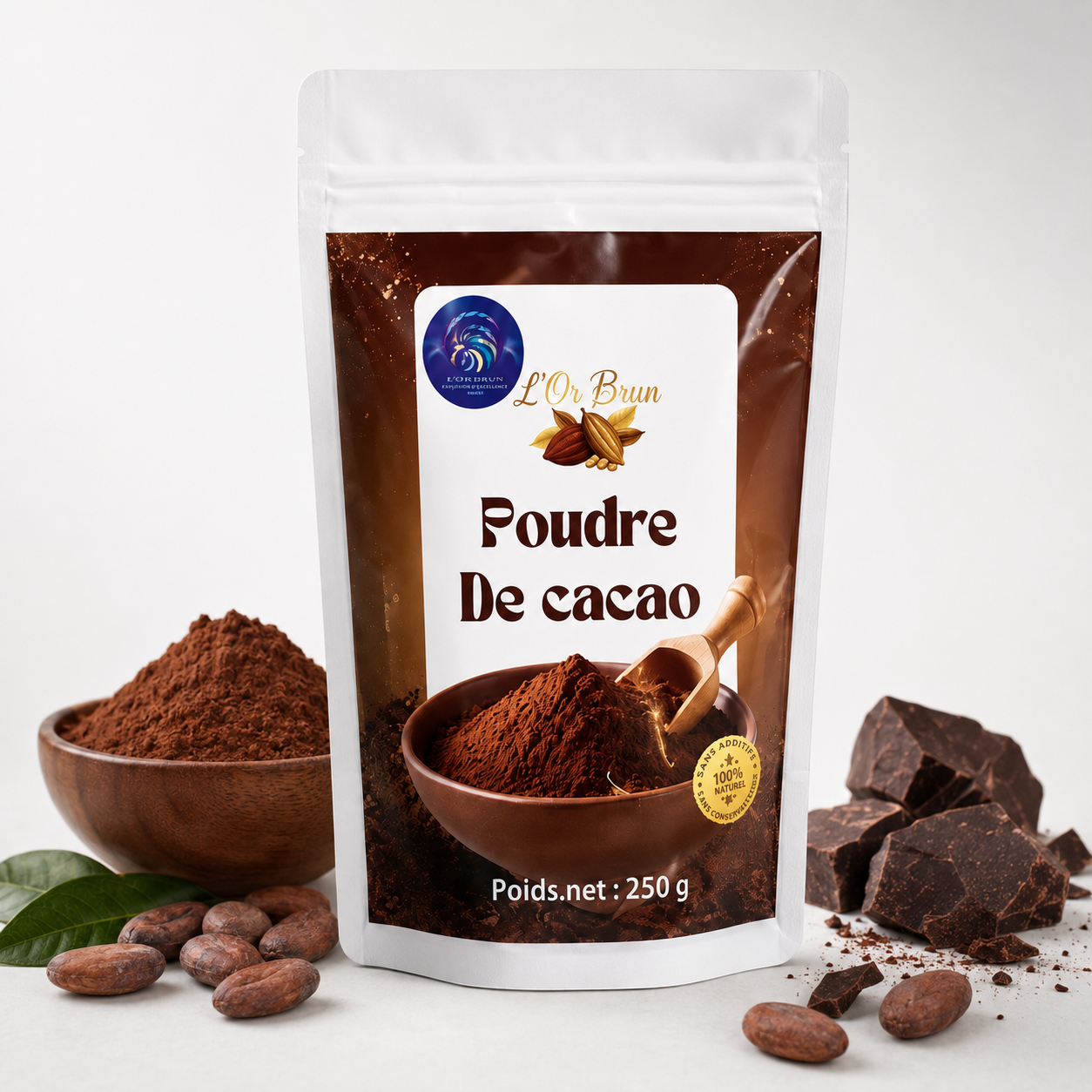 Bol de poudre de cacao et nuage de poudre en suspension