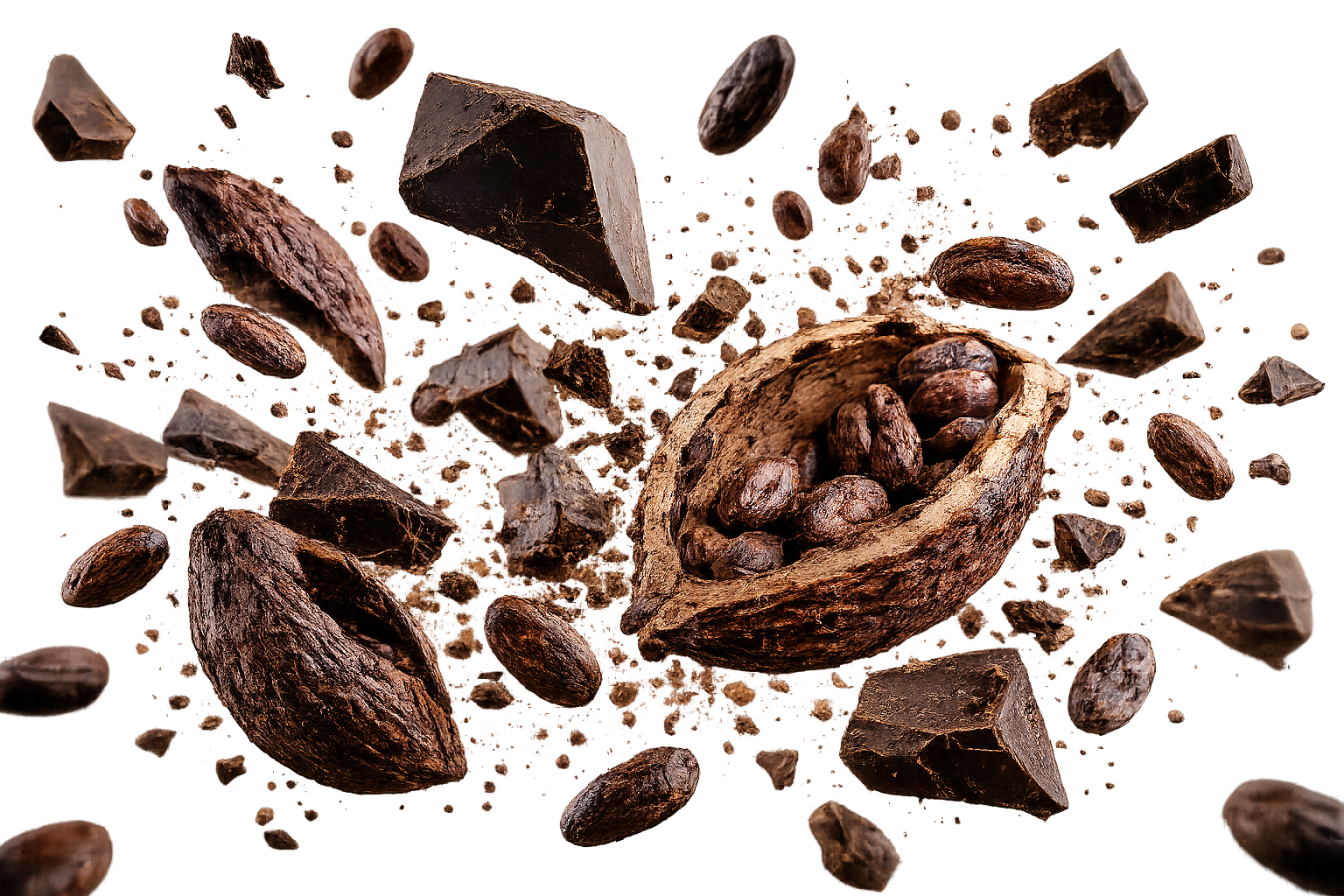 Éclats de cabosses de cacao et fèves torréfiées en lévitation
