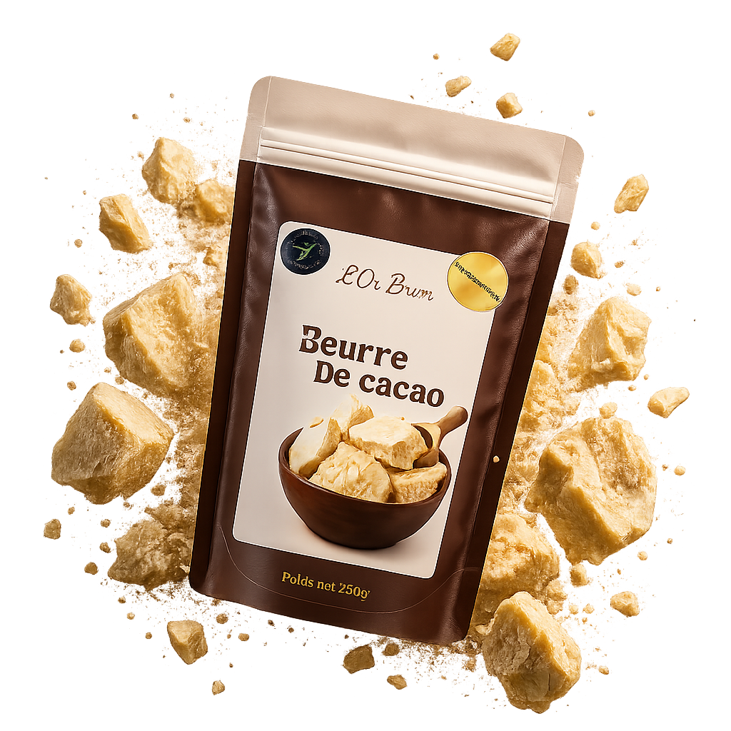 Pot de beurre de cacao KIC en lévitation, éclaboussure de chocolat et fèves en suspension